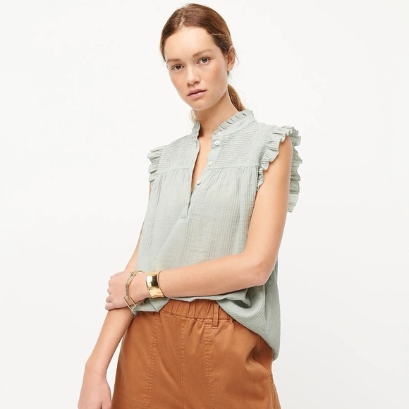 J. Crew Tops - J.Crew Smocked Ruffle Gauze Top Light Mint Sleeveless Blouse Sz Small
